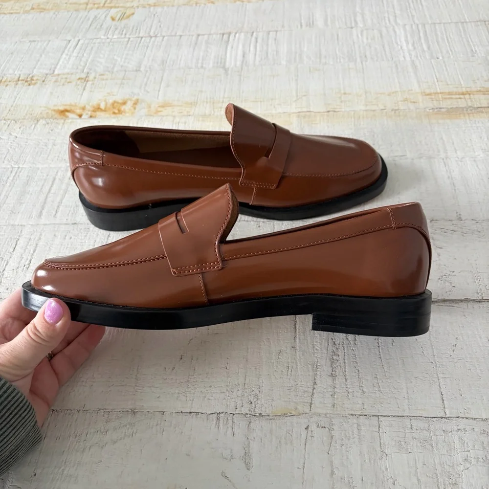 Everlane the Modern Penny Loafer NEW size 8.5 Cognac Leather Square Toe Flats - Picture 7 of 13